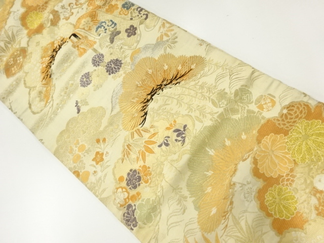 アンティーク　笠松に草花模様織出し名古屋帯（材料）